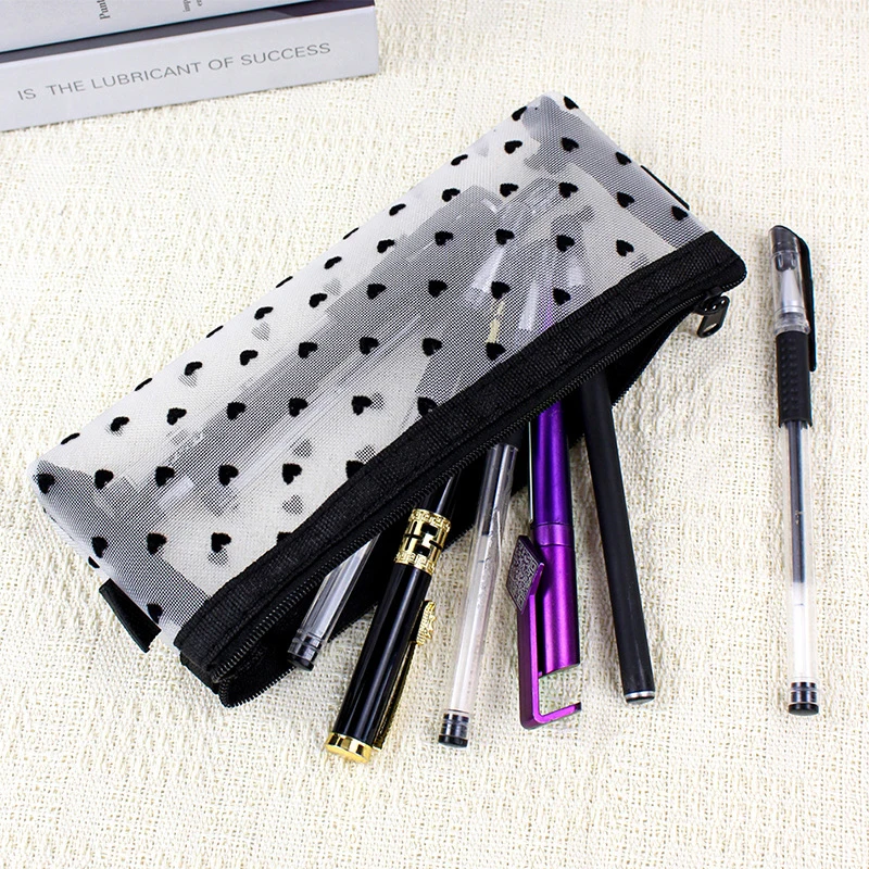 Mesh Cosmetic Makeup Bags Case Holder Cute Transparent Zipper Black Heart Printed Pencil Pen Case Pouch Convenient To Carry