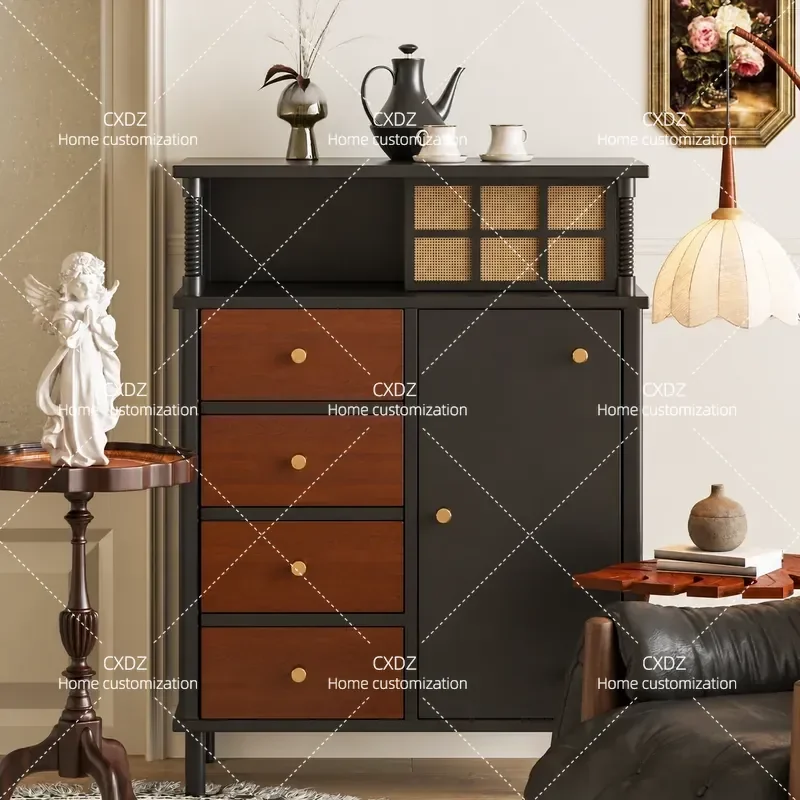Retro American rattan chest, red and black color matching, bedroom wall vertical cabinet, chest of drawers, simple storage