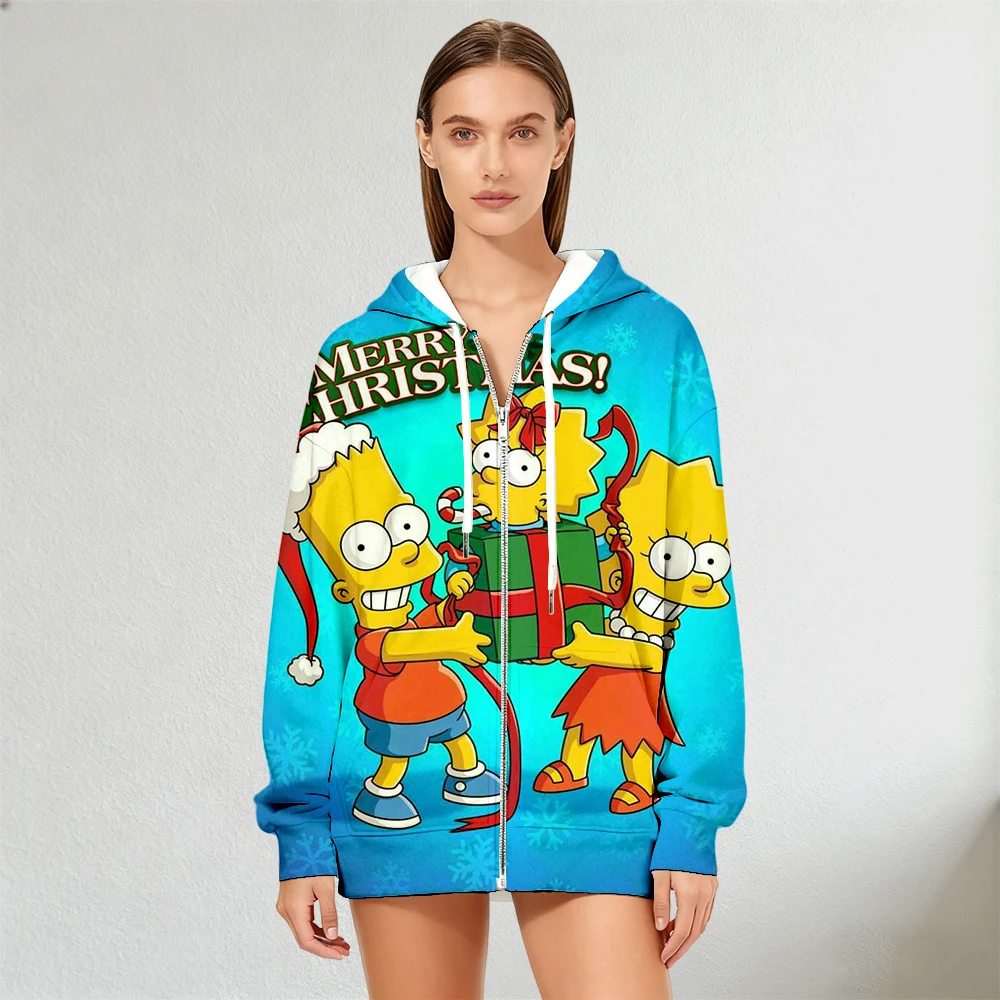 Women's Disney The Simpsons Christmas Print Zip Up Hoodie Autumn Winter Fashion Streetwear Long Sleeve Sweatshirt Y2k Top