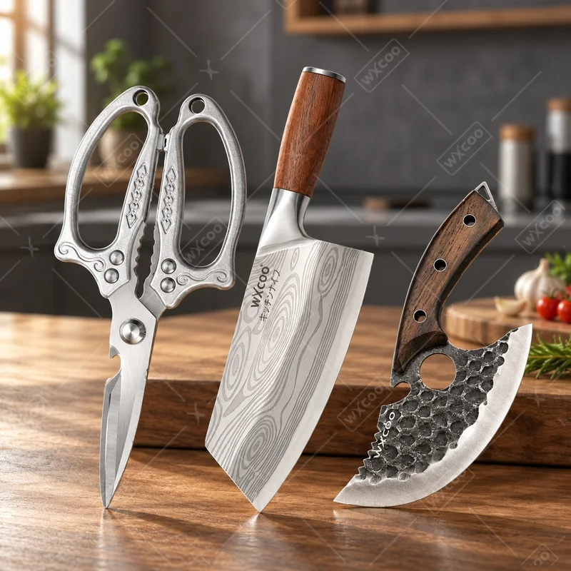 1PCS WXCOO Multifunctional Kitchen Knife Scissor Set Stainless Steel Chef Knife Wooden Handle Fruit Slicing Bottle Opener