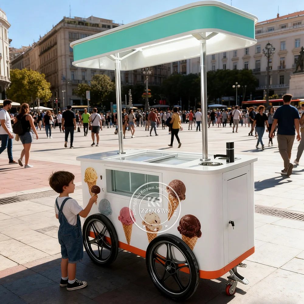 عربة الزهور في الهواء الطلق عربة الزهور الآيس كريم عرض حالة جيلاتو عرض عربة الغذاء المتنقلة الآيس كريم الغذاء شاحنة دفع عربة #4