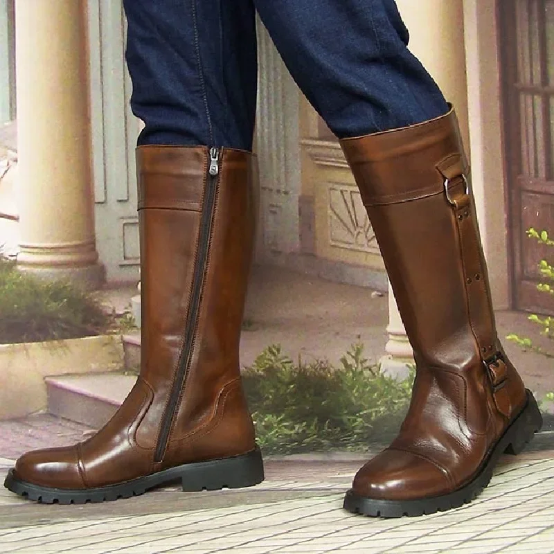 

Мужские мотоциклетные ботинки из натуральной кожи, осенние мужские ковбойские зимние сапоги до колена с металлическими украшениями в стиле вестерн