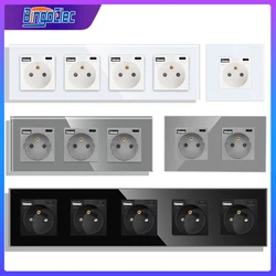 Bingoelec French Socket with USB Type-C Interface Wall 16A USB Charge Port Power Sockets Glass Crystal Panel Electrical Outlet