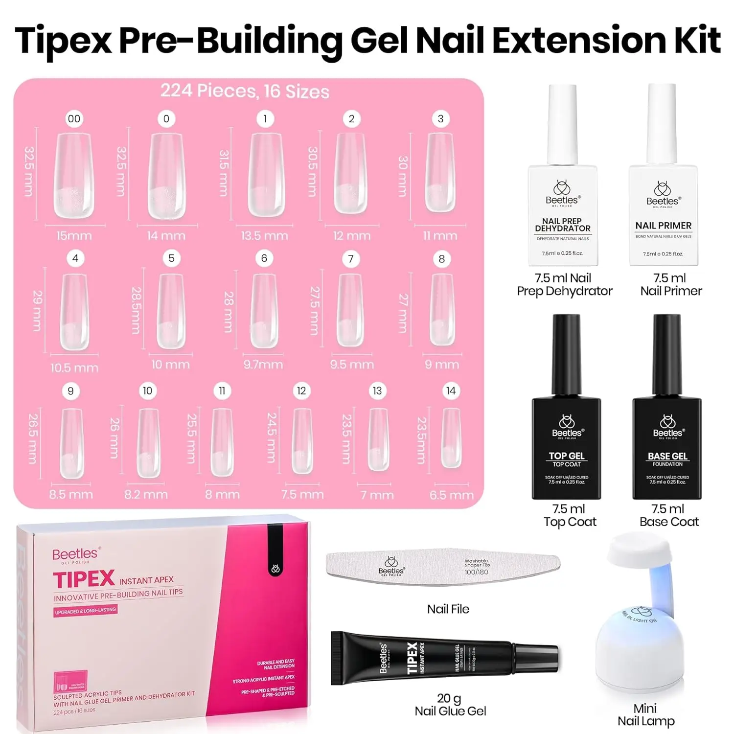 224pcs Square Long Nail Tips Kit with Glue, Dehydrator, Primer, Base & Top Coat, Mini UV Lamp for Salon-Quality Extensions