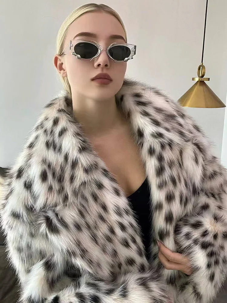 HH femmes mode col rabattu fausse fourrure veste hiver femme col haut boucle cachée poche imprimé léopard à manches longues manteau