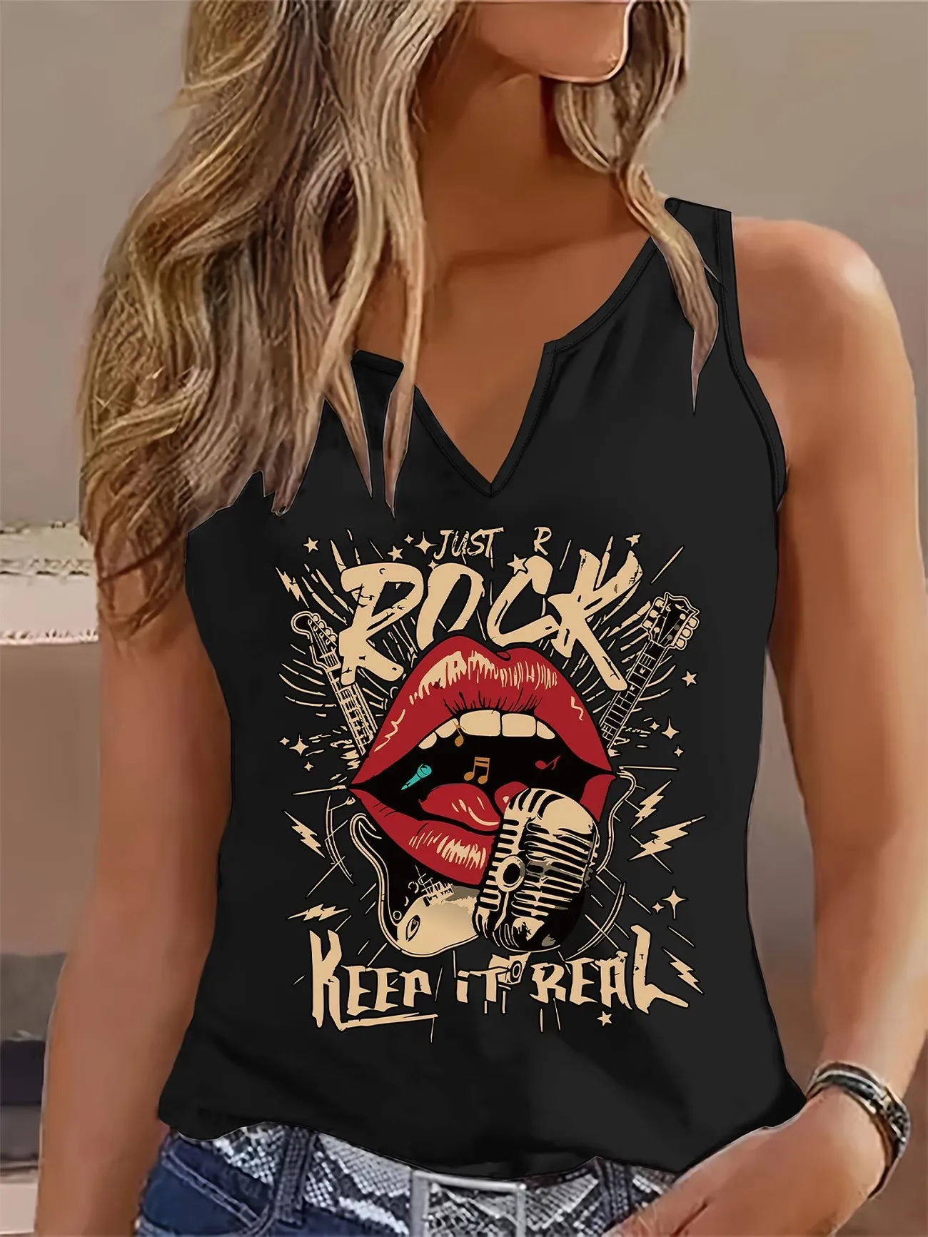 Débardeur sans manches col en V pour femme, style Hip Hop Rock Punk Gothique Streetwear