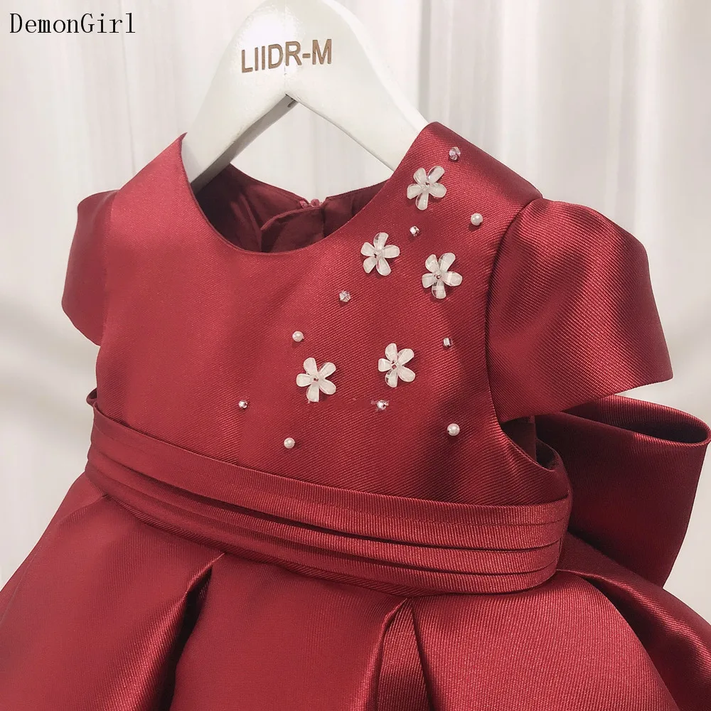 Burgundy Flower Girl Dress Big Satin Bow Kids Baby Girl Birthday Party First Communion Ball Gown with Coat