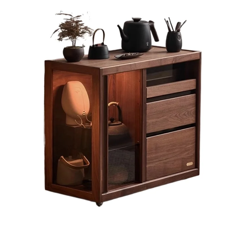 

Solid wood display cabinet Sofa side cabinet Black walnut movable tea set storage cabinet Figure display Solid wood tea set