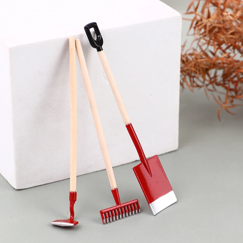 3Pcs 1:12 Scale Dollhouse Garden Tool Furniture Miniature Shovel Hoe and Pitchfork Farming Tools Furniture Toys