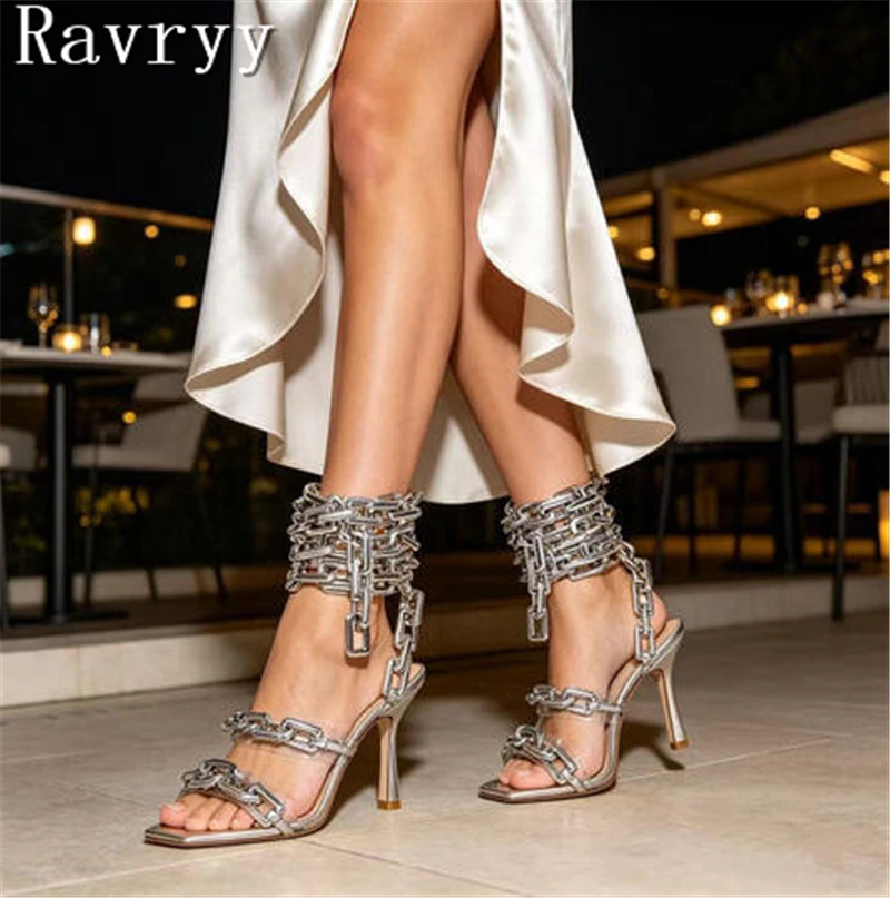 Designer New Metal Chain Fashion Show Stiletto Sandals Women Square Toe Ankle Wrap High Heels Chic Evening Party Club Shoes