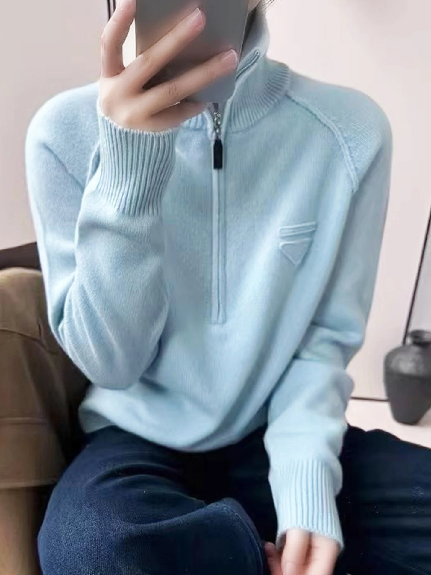 سترة نسائية محبوكة ذات لون نقي كسول مع سحاب طويل Sve شتوي أنيق، قميص مريح متوسط ناعم للتنقل... #3