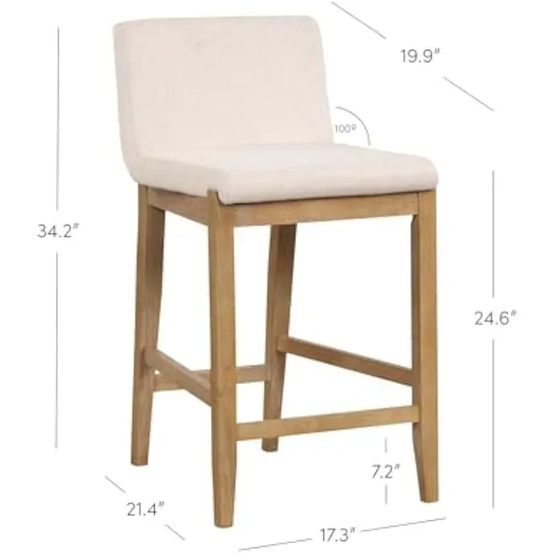 Tabouret de bar moderne avec dossier, chaise rembourrée avec tissu en lin naturel blanc et pieds en bois brossé