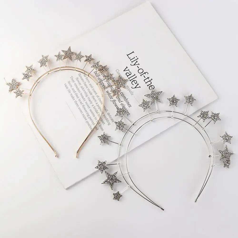 Trendy Metal Star Hair Hoop Princess bilayer Halo Crown Bridal Hair Tiara Hair Ornaments Baroque Hairbands Headpieces