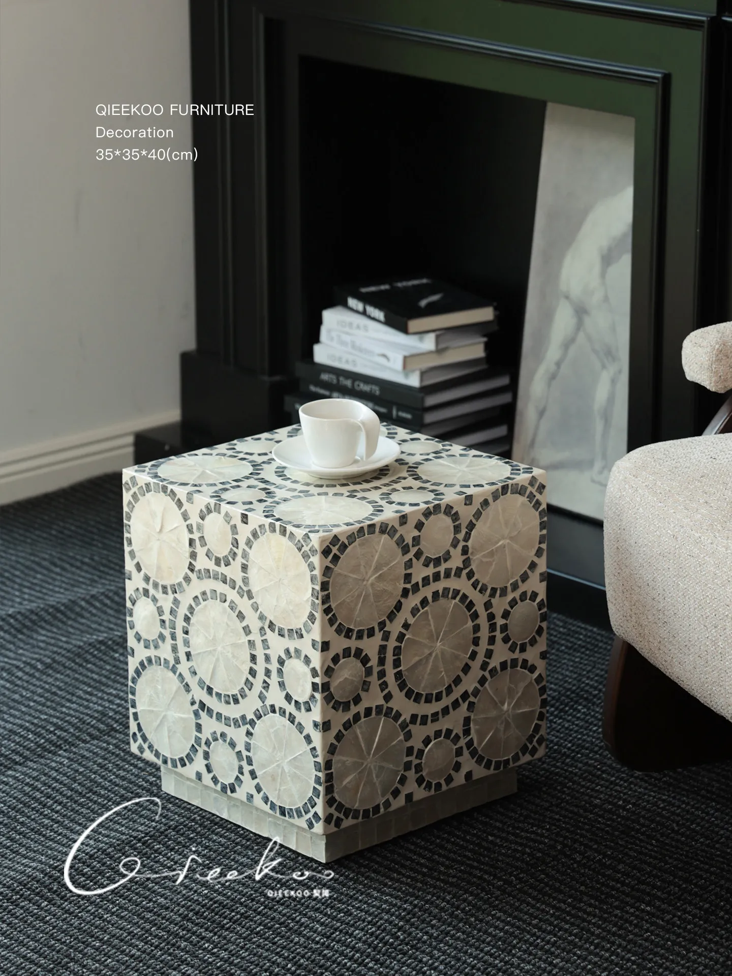Handmade Square Shell Side Stool Table, Movable Small Coffee Table Beside Sofa for Living Room Home Decor Gift