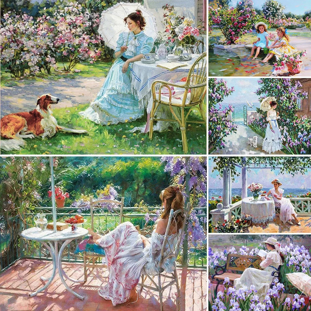 Landscape Lady In Garden Printed Fabric Cross-Stitch DIY Embroidery Set Handiwork Sewing Knitting Painting Magic Stamped Design