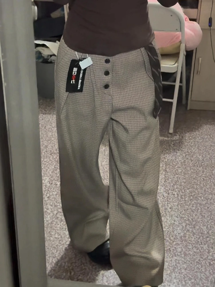 

Мужские широкие брюки трапециевидной формы, осень-зима, американские консервативные брюки, дизайн на пуговицах, повседневные брюки в клетку