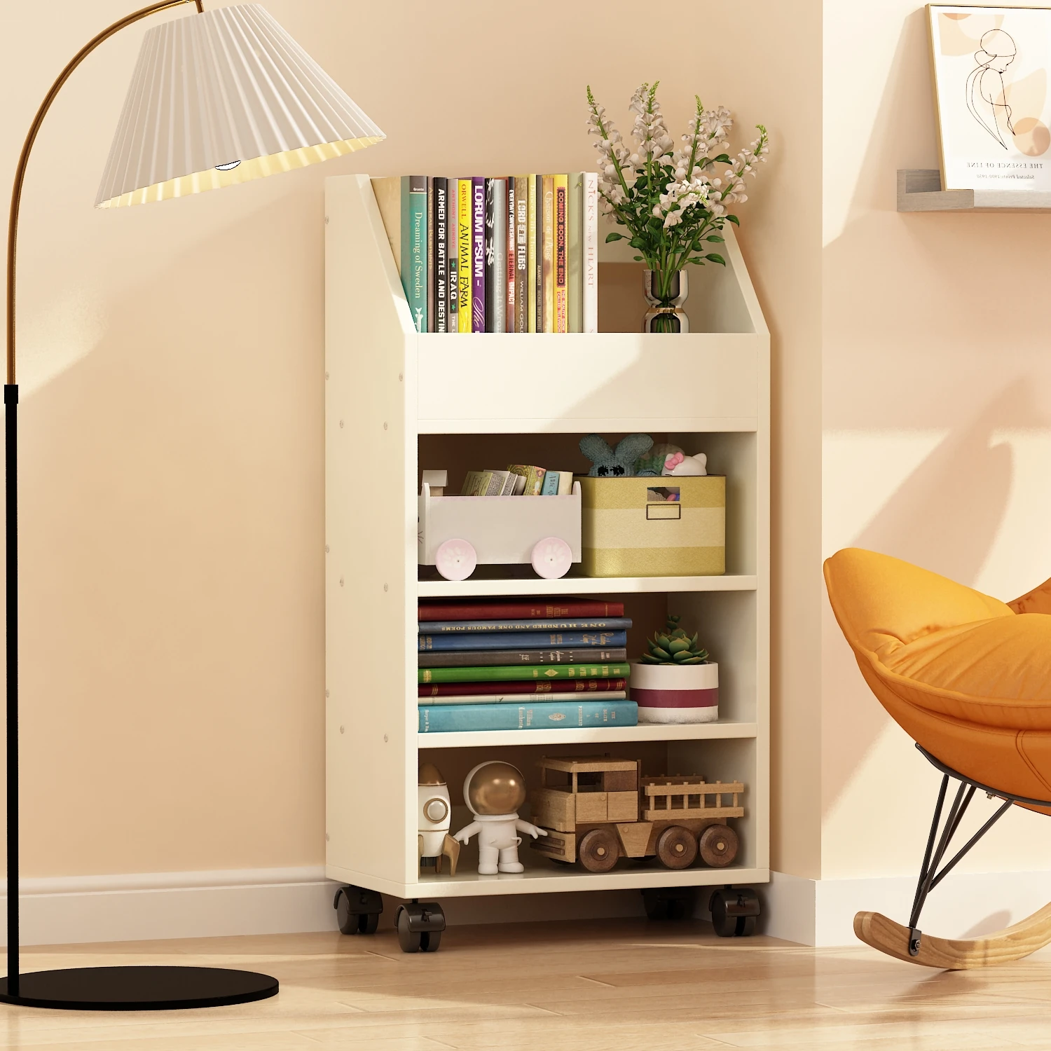 

Living Room Rolling Bookshelf, Under-Desk Wooden Storage Cabinet with Wheels, Bedside Book Organizer, File Display Rack