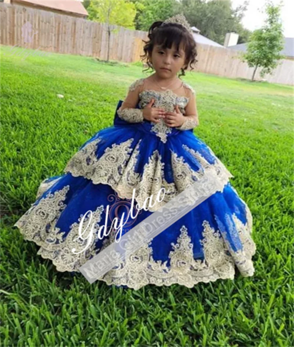 Royal Blue Little Girl Festive Costumes Satin Bow Flower Girl Dress Lace Applique For Birthday Prom Wedding Customized