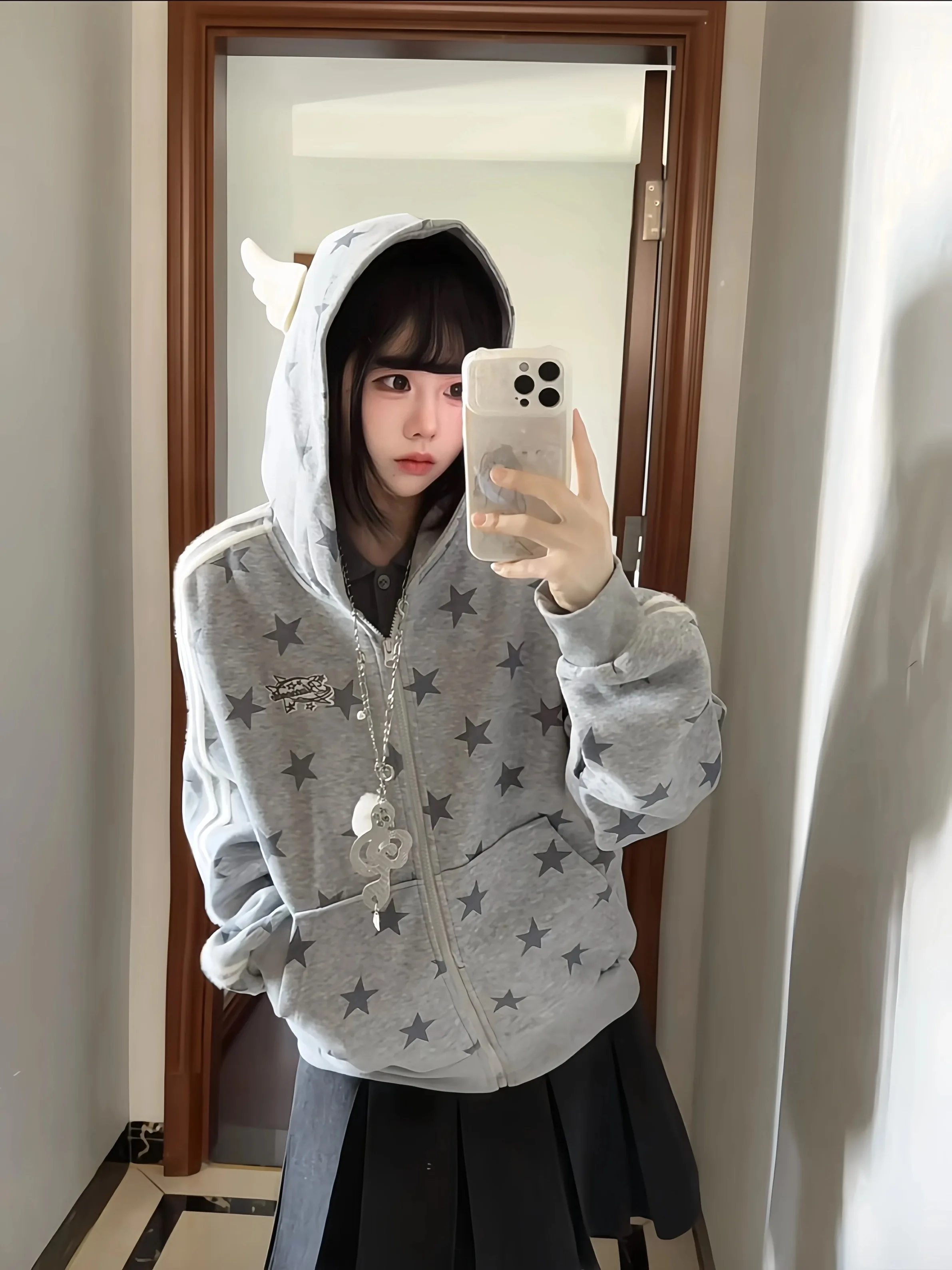Cute Hoodie Women's Style Visual Kei Home Style Autumn Winter College Windbreaker Long Sleeve Star Design Zipper Closure Casu...