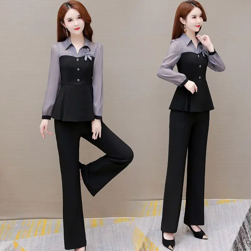 Spring Fashion Elegant Women Pants Sets 2024 New Turn Collar Patchwork Chiffon Slim Office Lady 2 Pieces Outfits Pantsuits