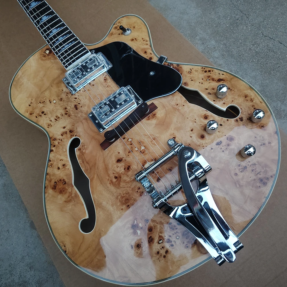 High quality natural wood color rotten wood top electric guitar, large vibrato system, in stock and fast shipping