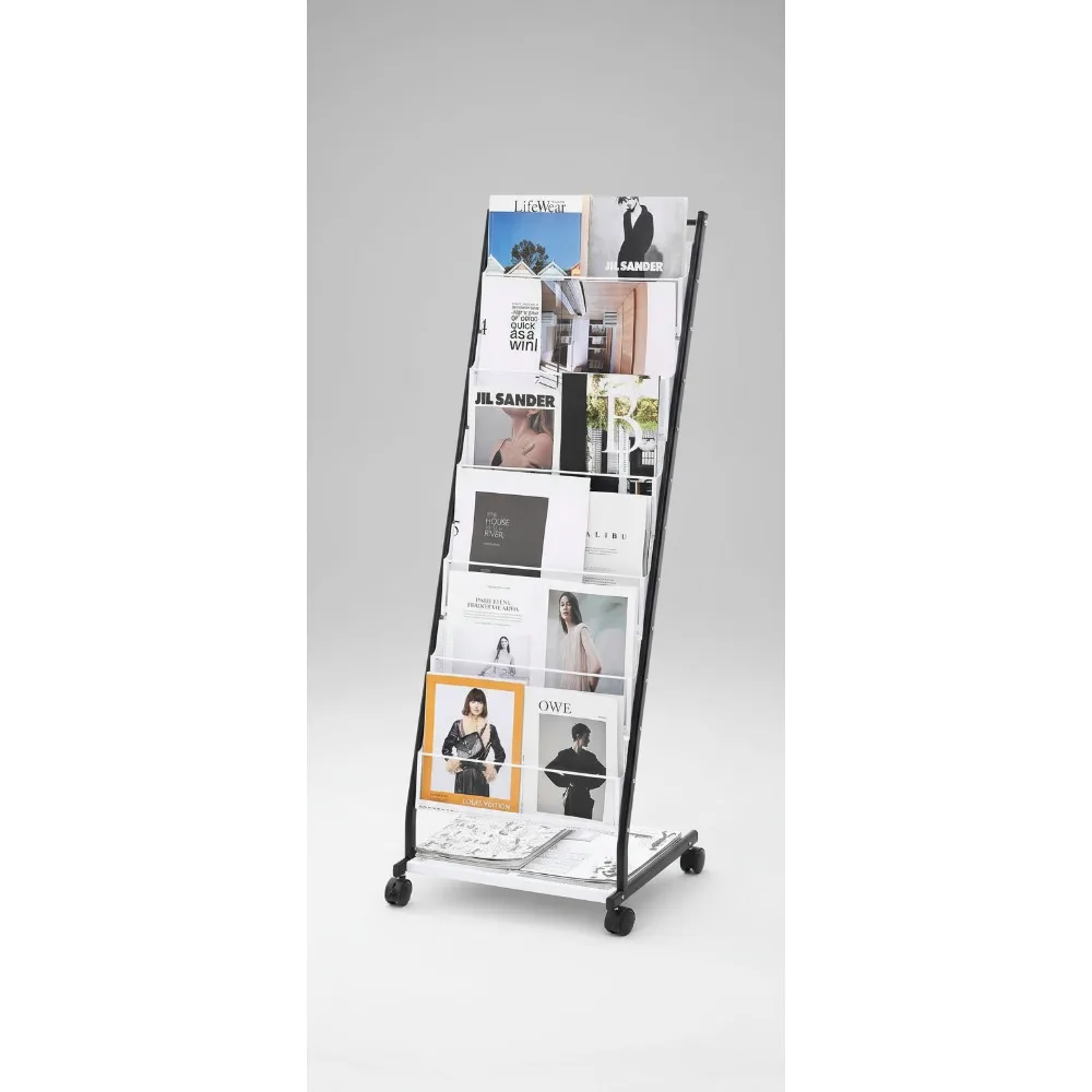 

6-Tier Magazine Display Stand with Wheels, Movable Literature Rack for Shop Office Exhibition Catalog Holder