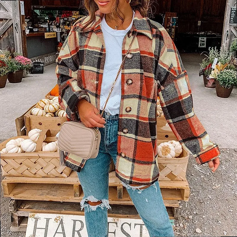 Women Plaid Shirt Blouse Top Loose Casual Oversized Coat Spring Summer