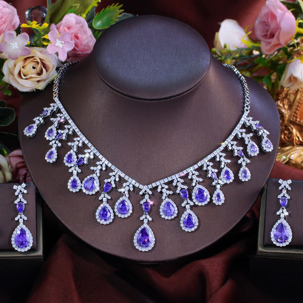Pera Trendy Elegant Purple Zirconia Pendant Necklace Tassel Water Droplet Design for Bridal Dress Jewelry Accessories J082