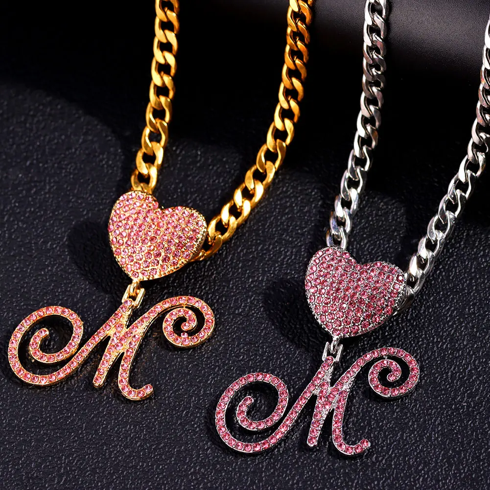 Hip Hop Pink A-Z Cursive Letter Initial Heart Pendant Necklace For Women Bling Iced Out Cuban Zircon Chain Necklace Punk Jewelry