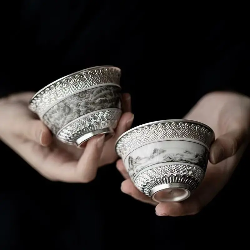 Pure Silver Gilt Landscape Master Personal Use High-end Tasting Cup Tea Bowl Gift for Elders Business Souvenir