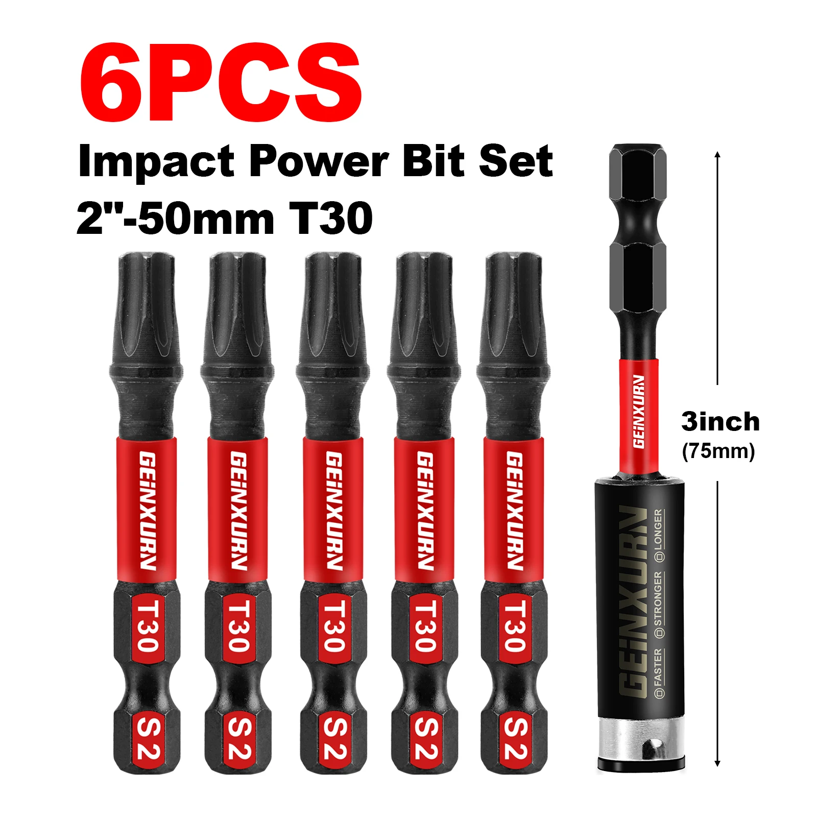 Geinxurn 2 inch Impact Tough magnetische Power Bit Set (T30), Torx Head Power Bits, S2 gelegeerd staal Star T30 schroevendraaierbitset