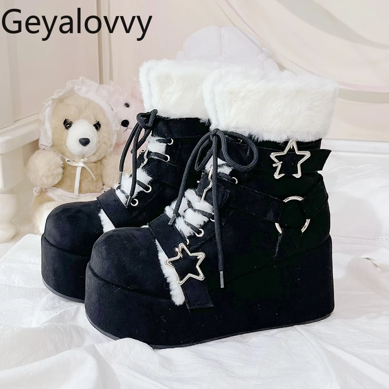 

Original Winter New Sweet Cute Girls' Fleece-Lined Snow Boots Sweet Cool Lace-Up Thick-Soled Furry Mid-Calf Boots Shoes