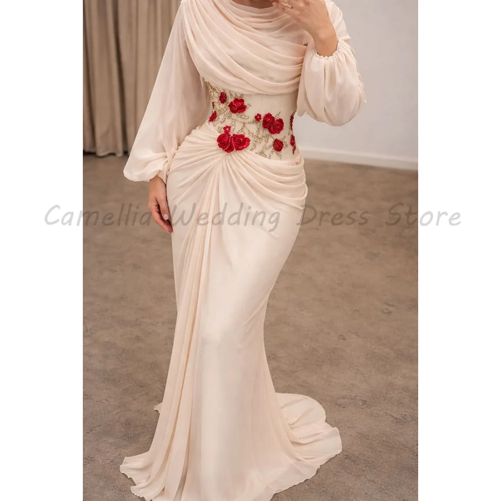 

Muslim Evening Dress Cowl Neck Long Puff Sleeve Beaded 3D Red Flower Ruched Chiffon Mermaid Formal Bridal Gown