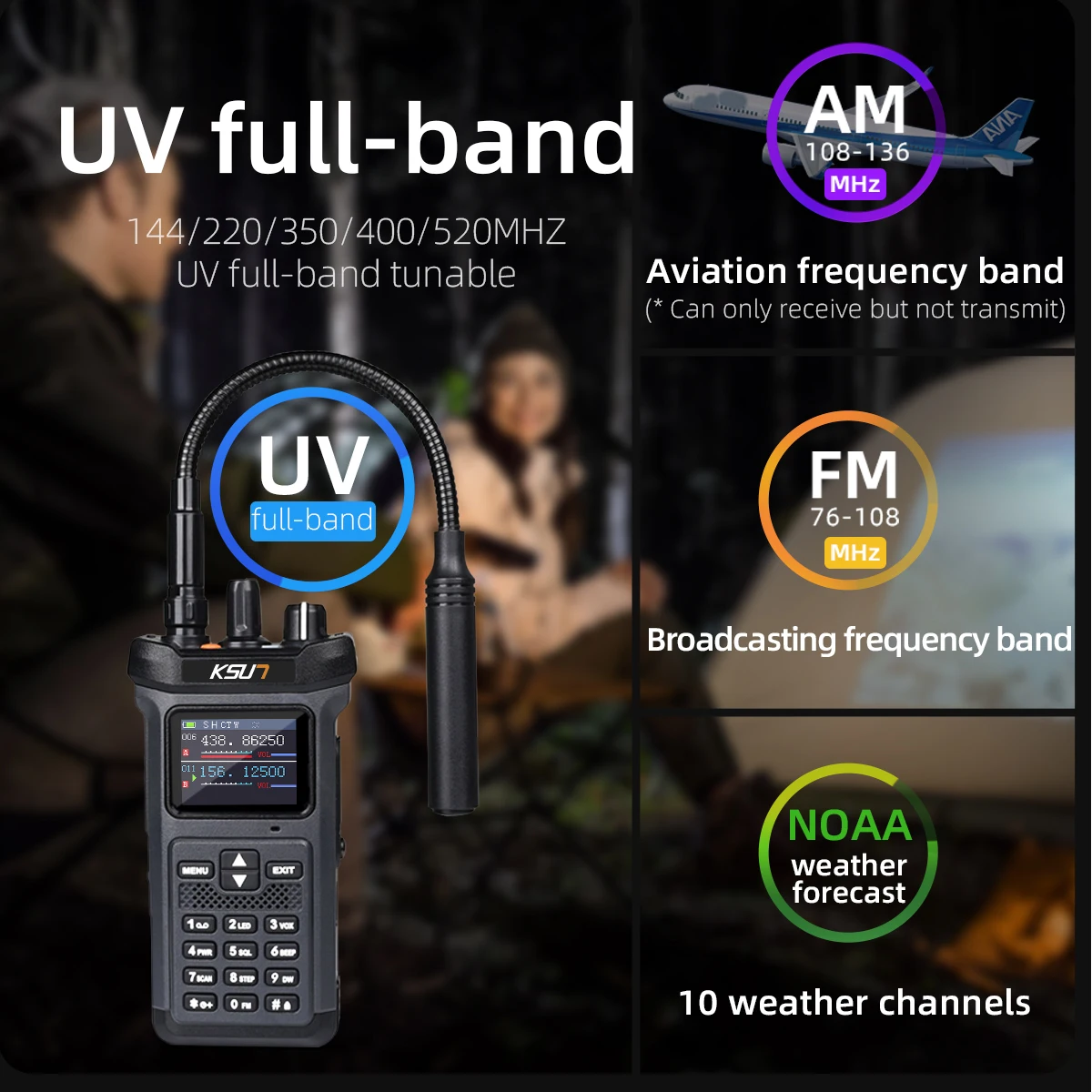 KSUN UV119D 20W VHF UHF senter Dual Band, tranceiver Radio Ham Walkie Talkie kekuatan tinggi pengisian terbalik