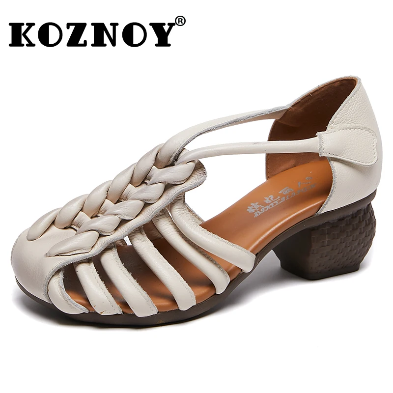 

Koznoy 5cm Women Sandals Ethnic Hollow Shoes Genuine Leather Summer Hook Chunky Heel Ladies Elegance Artistic Comfy Weave Flats