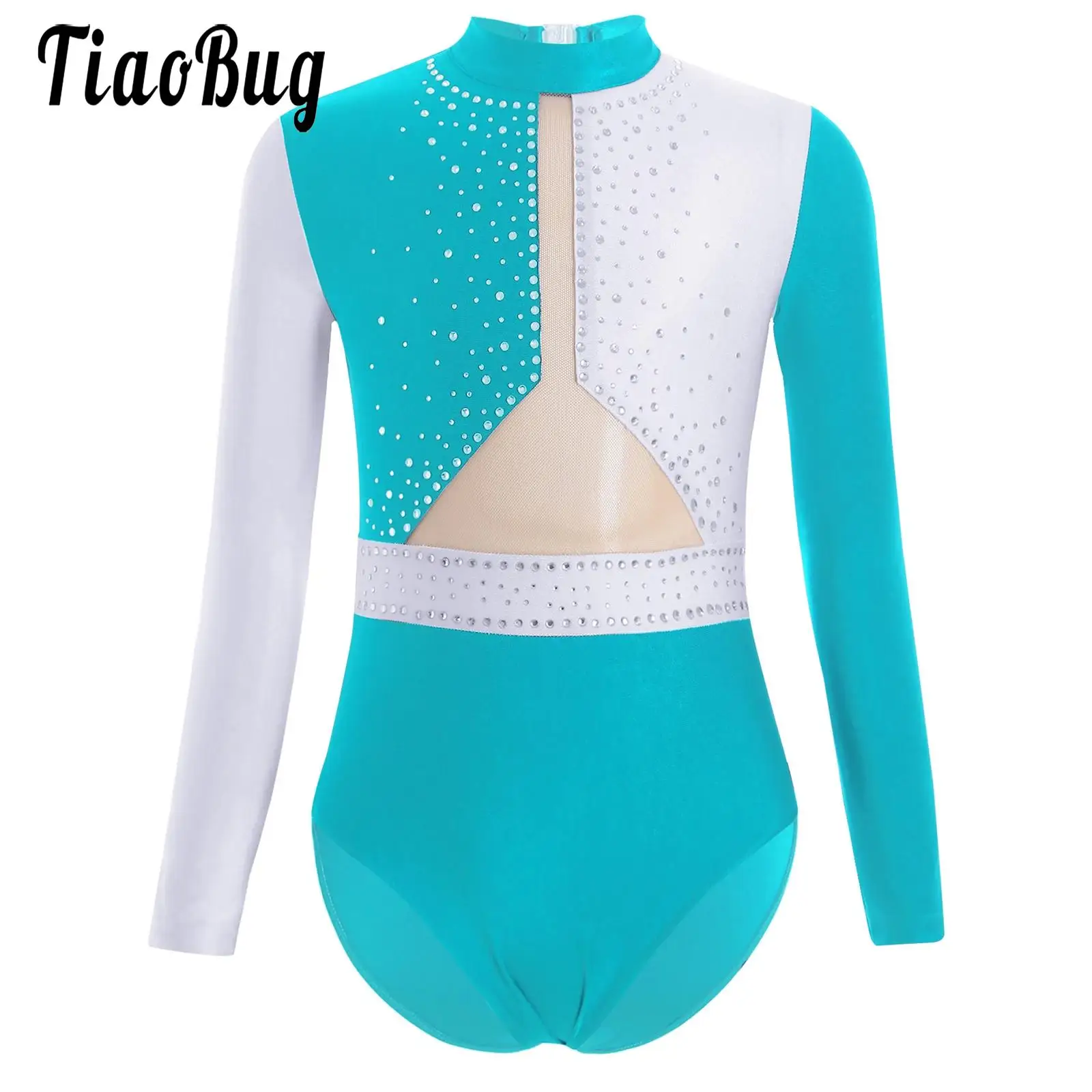 

Kids Girls Gymnastics Leotard Rhythmic Dance Dresses Ballet Long Sleeve Color Block Patchwork Rhinestones Bodysuit Dancewear