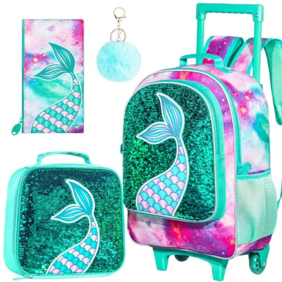 

Girls Rolling Backpack, Wheels Bookbag - Roller Elementary Sequin School Bag - 3PCS