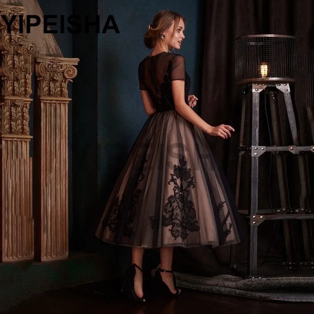 O-Neck Short Sleeve Lace Appliques A-Line Evening Dresses Tea-Length Formal Prom Party Gown vestidos de fiesta robes soirée