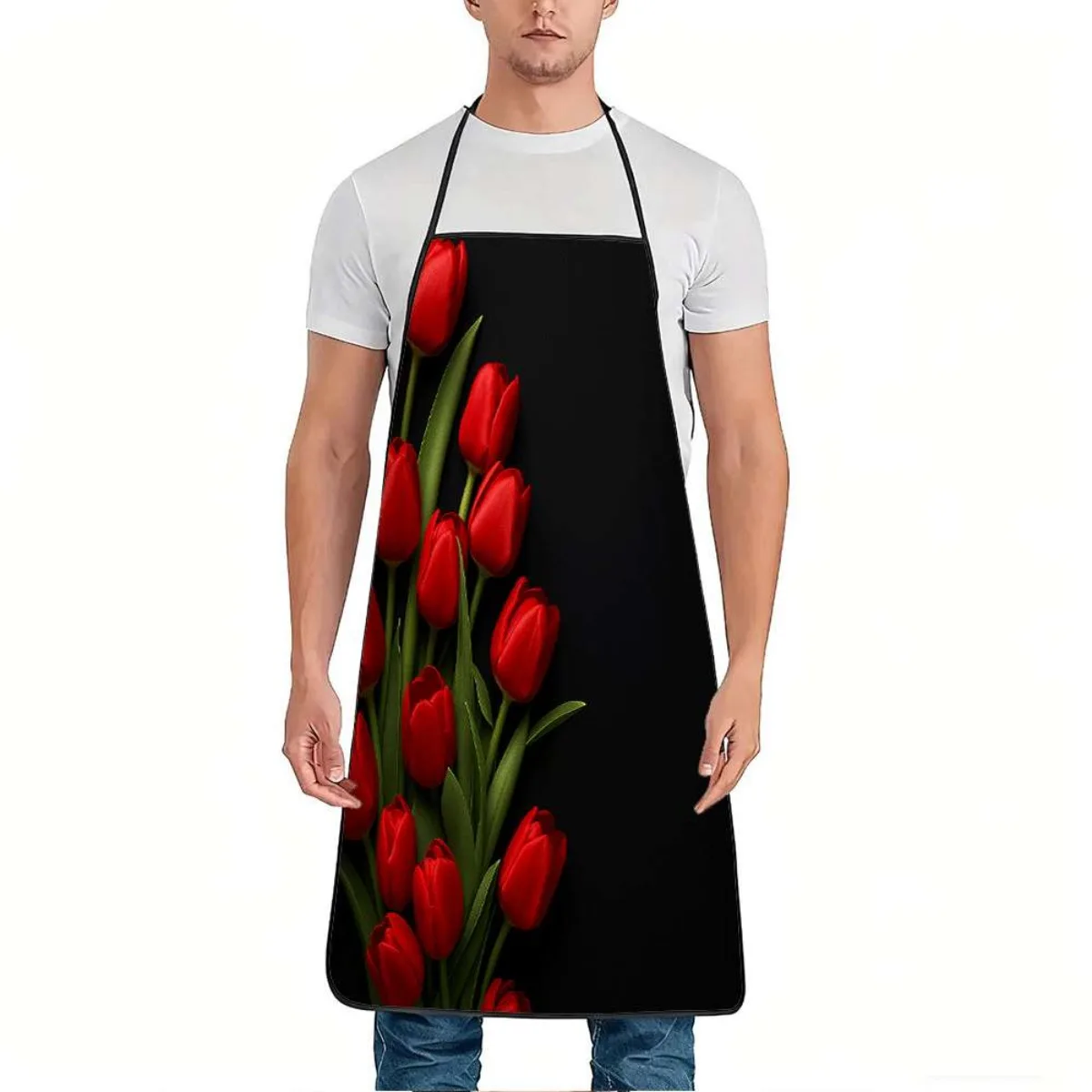 1pc of Red Tulip Patterned Apron, Sturdy And Easy to Maintain, with an Adjustable Waist, Made from Polyester, Suitable for Cooki