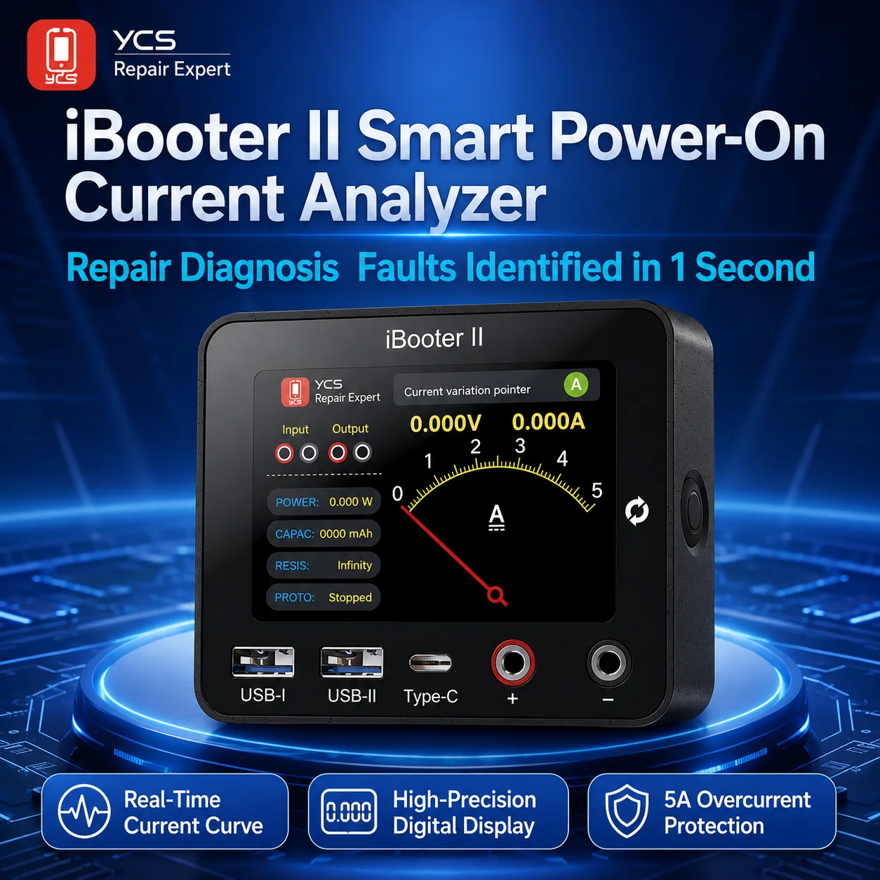 YCS iBooter II Power-On Current Analyzer 0-30V 0-5A Digital Display USB Type-C Tester Fault Diagnosis Phone Motherboard Repair