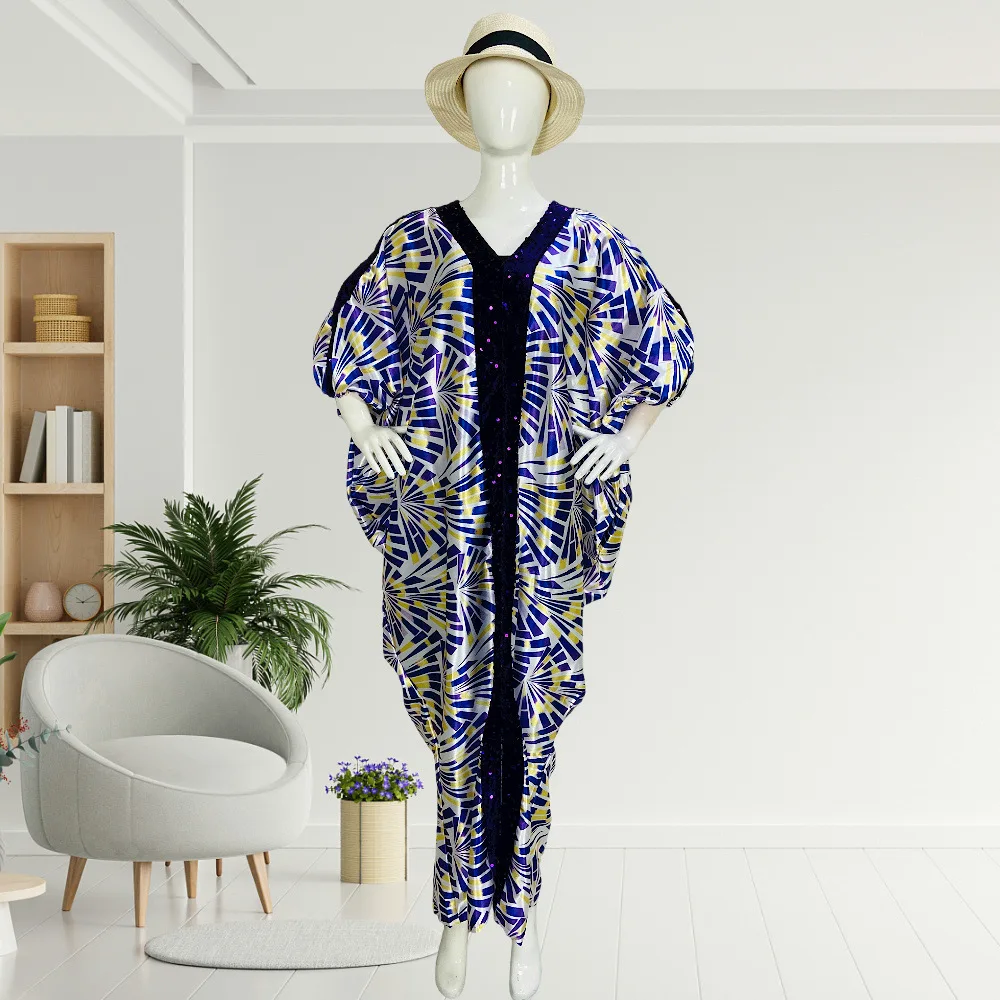 Muslim Patchwork Robe With Loose Printed Beads V-Neck Dress