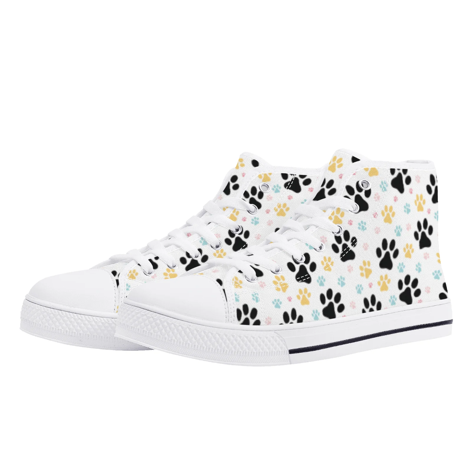 Colorful dog paw print high top canvas shoes flat sneakers lightweight casual shoes for men and women