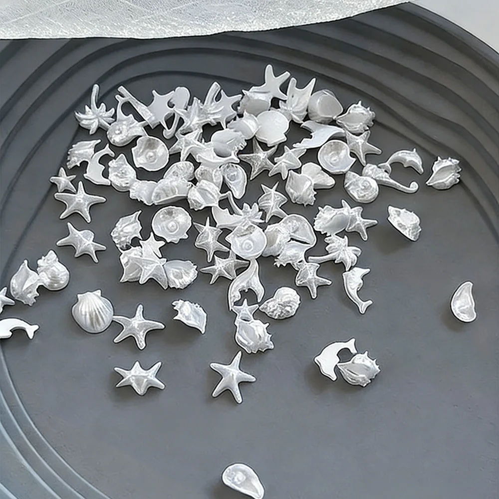 50PCS 3D Mixed Sea Series Nail Art Charms White Blue Aurora Ice-transparent Resin Seashell Starfish Nail Decoration Nail Supplie