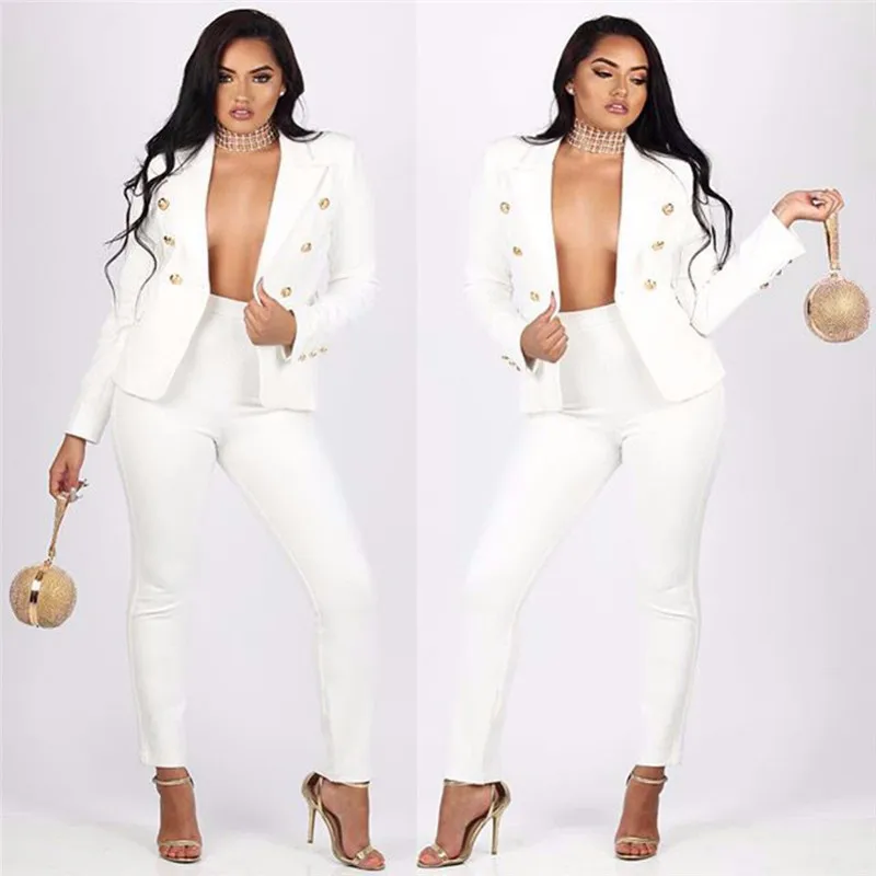 White Women Blazer Suits 2 Pieces Plus Size Deep V Neck Casual Daily Jacket Double Breasted Slim Fit Jacket