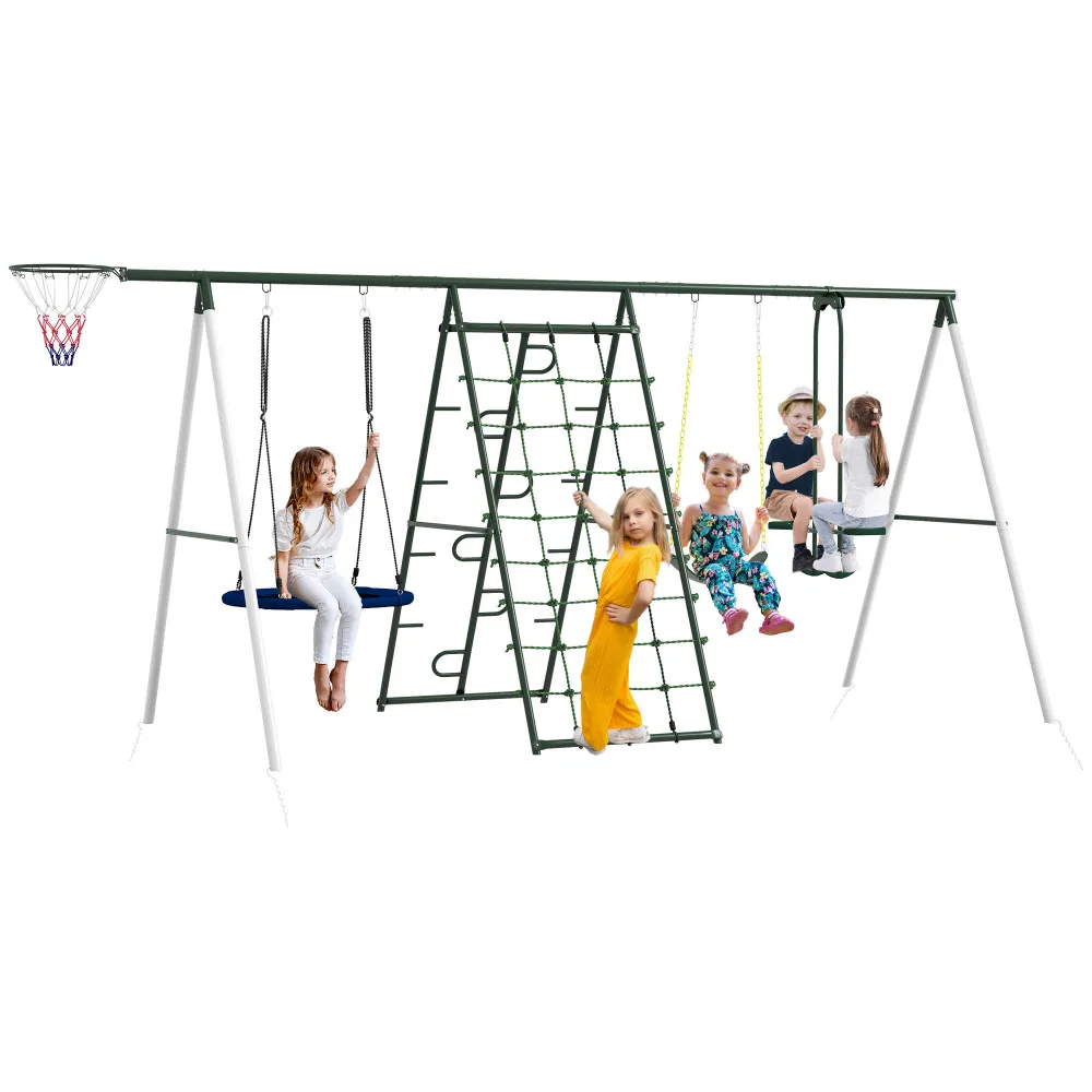 528 lbs Swing Set for Backyard, 5 in 1 Heavy-Duty A-Frame Stand Outdoor Playset for Kids, with Saucer Swing, Slide, Swing Seats