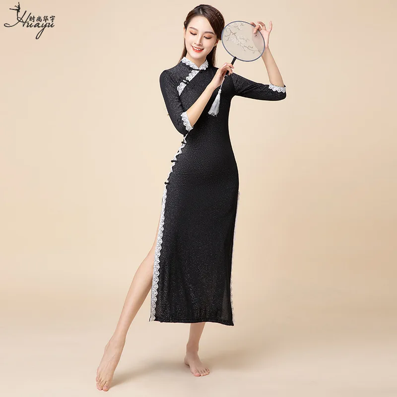 Fashion New Classical Dance Slimming Slit Lace Stand Collar Cheongsam Dress Chinese Improved Dance Costume for Women Elasticity