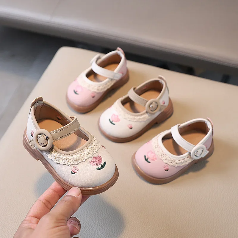 

Kids Leather Shoe New Spring Autumn Toddlers Girl Dresses Casual Shoes Sweet Fashion Children Embroidered Princess Flat Shoes