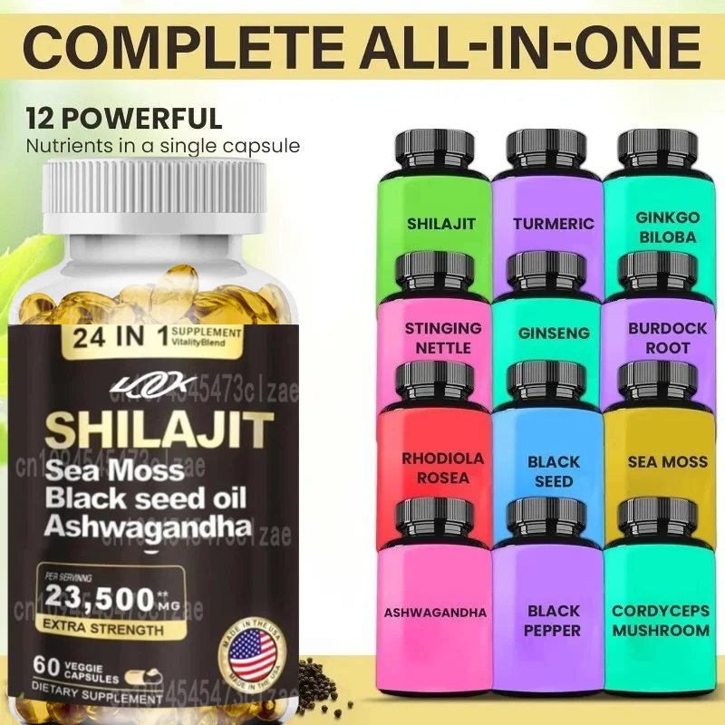 Shilajit Seaweed, Black Seed Oil, Rhodiola Rosea, Burdock, Ginseng, Cordyceps Sinensis, Nettle, Turmeric Eat -60capsule