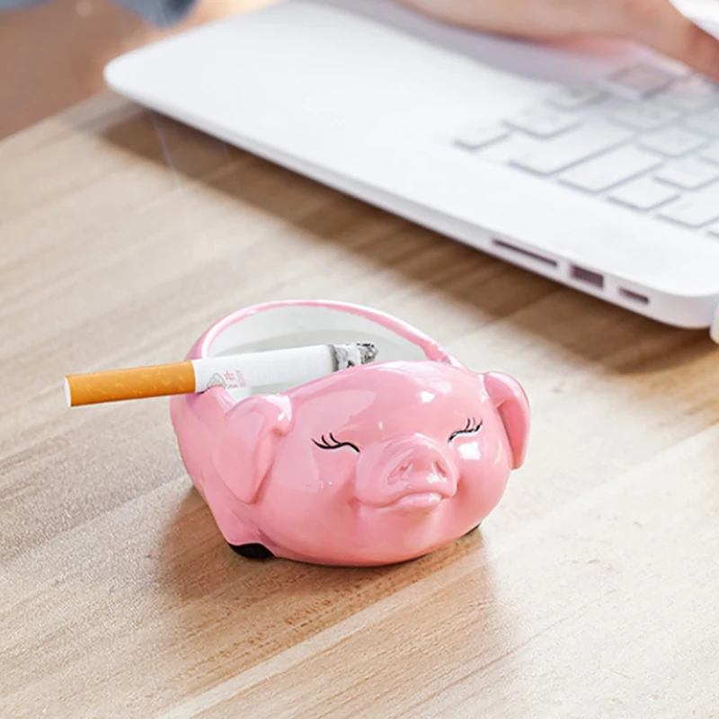 Cartoon Ceramic Pig Shape Ashtray Fireproof Leak-proof Non-Slip Ashtray Container Wide Opening Desktop Ashtray Ornament