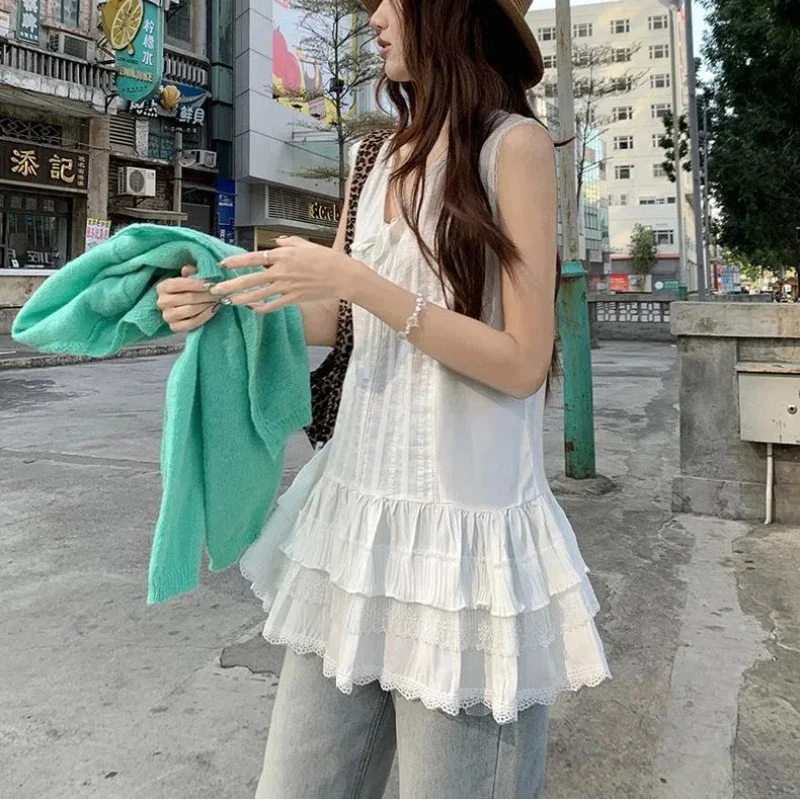 

Sleeveless Lace Patchwork Korean Vest Summer Solid Loose All-match Youth Fashion T Shirt Tops Sweet Elegant Trend Women Clothing